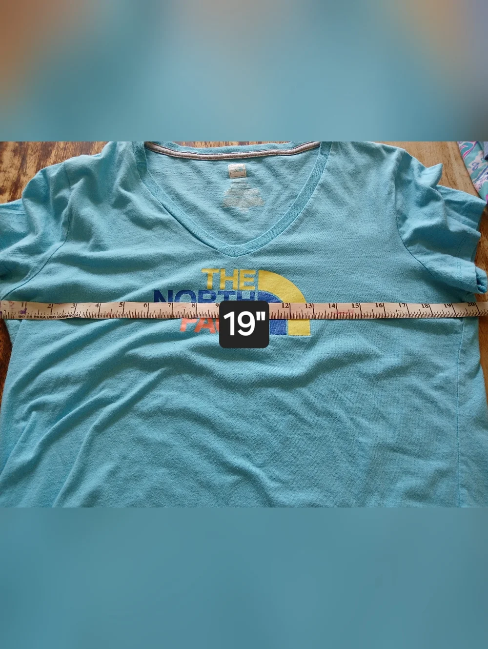 The North Face Women’s V-Neck Tee in Aqua with Multicolor Logo - Picture 6 of 7